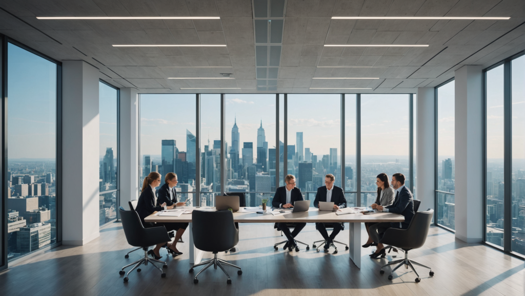 Groupe de personnes en réunion avec vue sur la ville