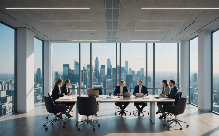Groupe de personnes en réunion avec vue sur la ville