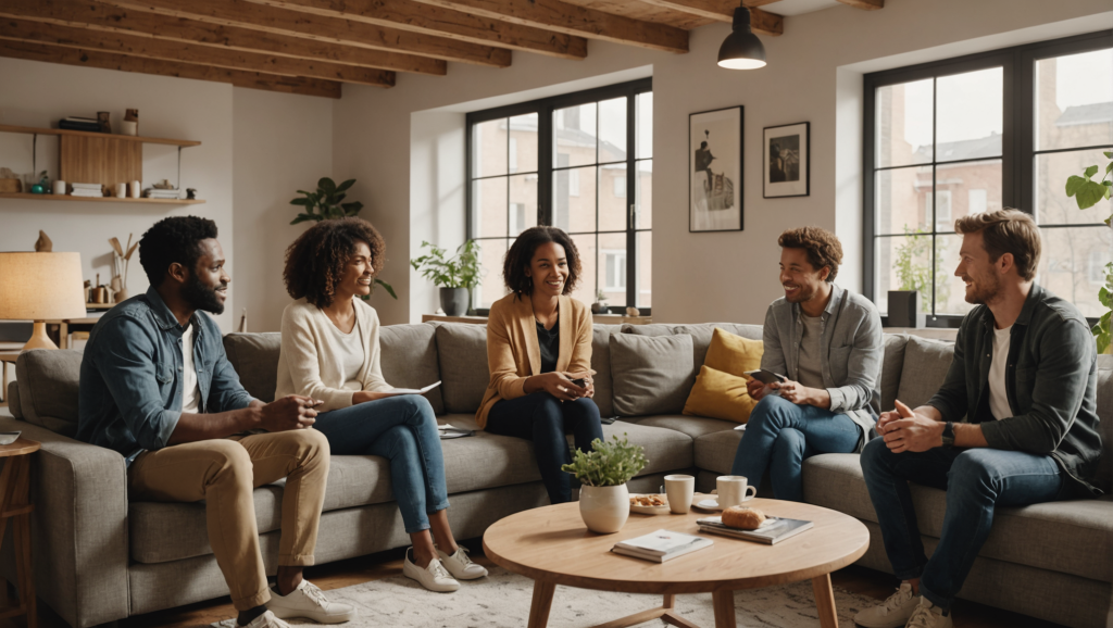 Cinq personnes discutent dans un salon cosy