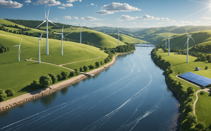 Paysage de collines avec éoliennes