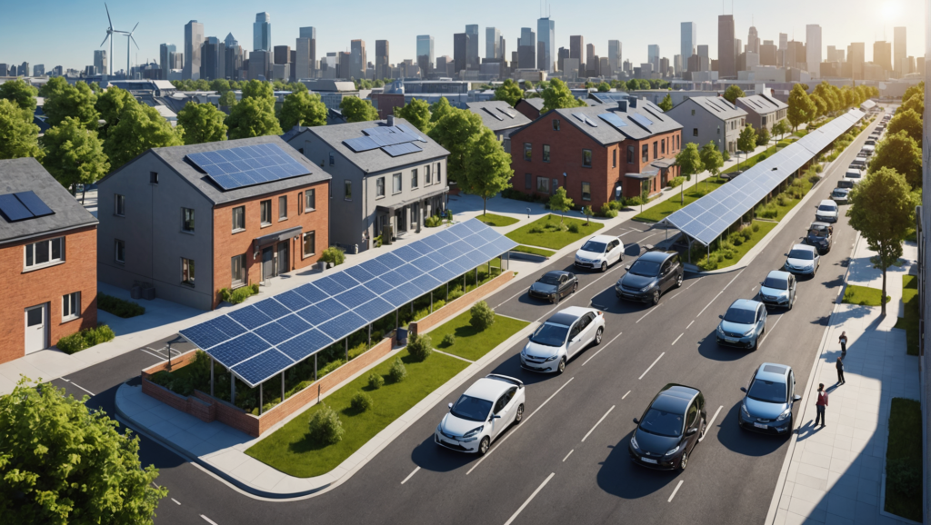 Vue d'un quartier avec des maisons et des panneaux solaires