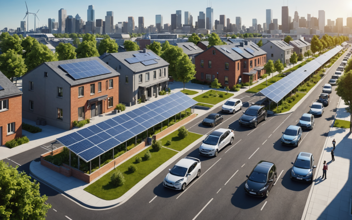 Vue d'un quartier avec des maisons et des panneaux solaires