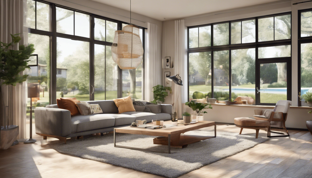 Intérieur d'un salon avec de grandes fenêtres
