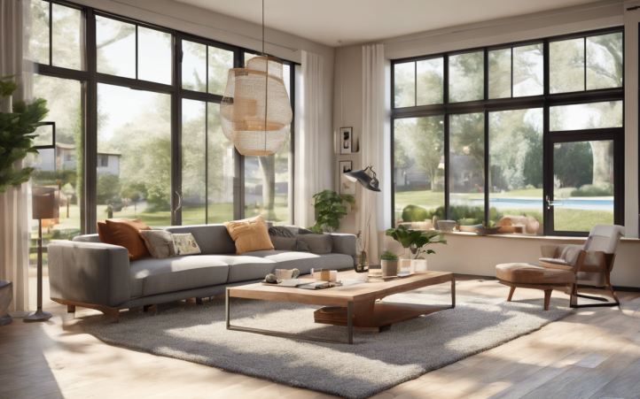 Intérieur d'un salon avec de grandes fenêtres