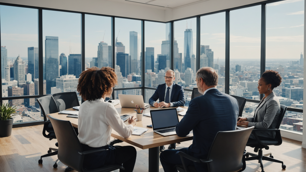 Réunion d'une équipe dans un bureau moderne avec vue sur la ville