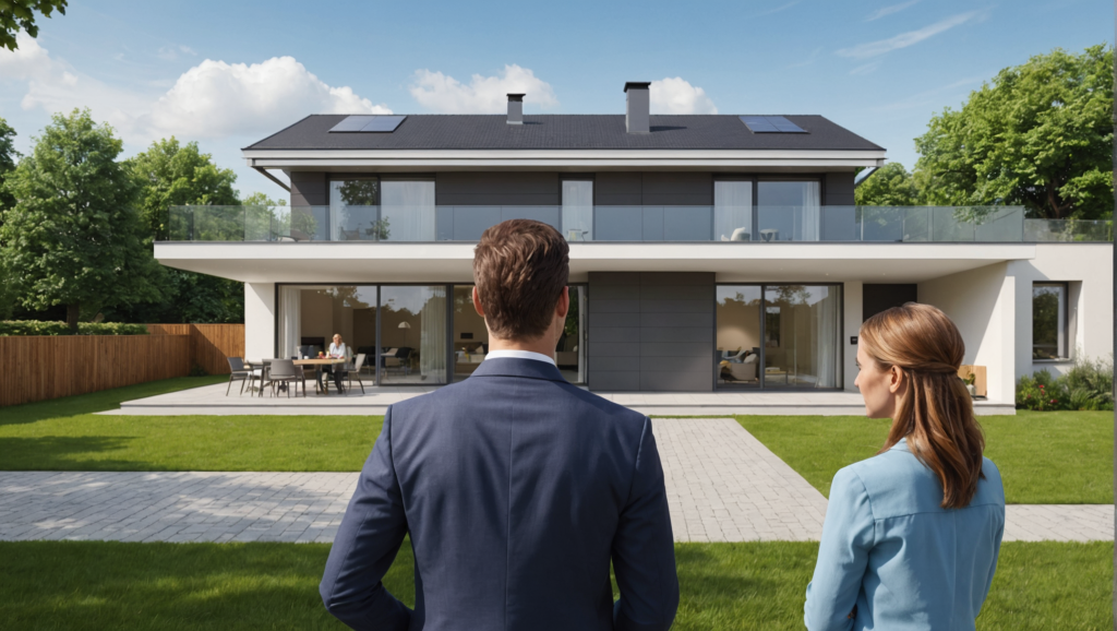 Couple regardant une maison moderne