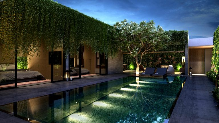 Vue d'un jardin moderne avec piscine