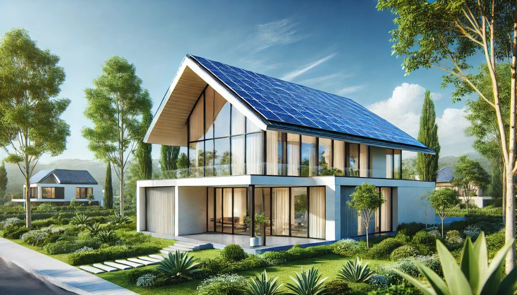 Maison avec un toit en pente et des panneaux solaires