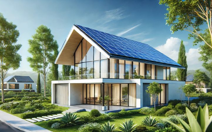 Maison avec un toit en pente et des panneaux solaires