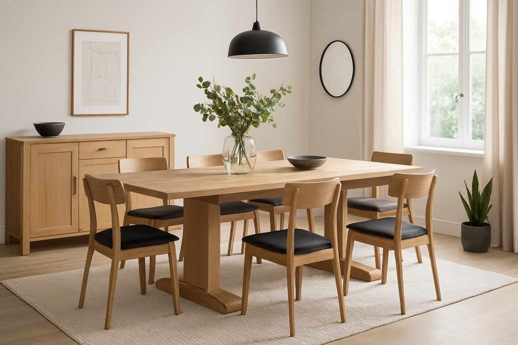 Table en bois avec chaises, décor minimaliste