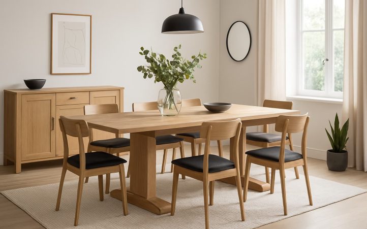 Table en bois avec chaises, décor minimaliste