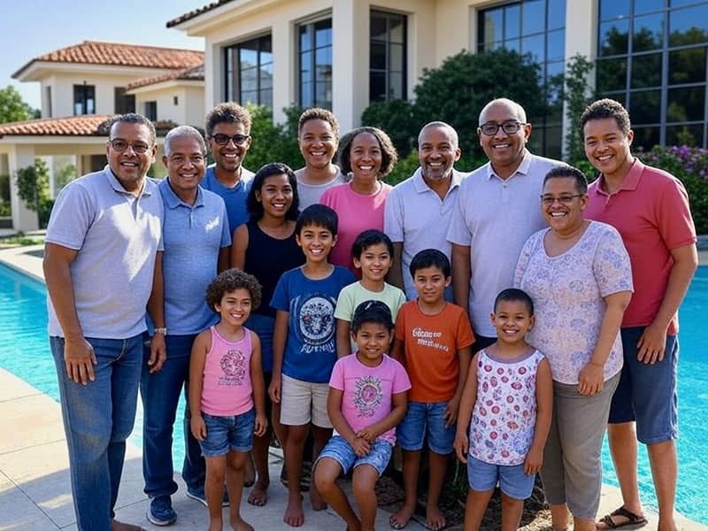 Groupe de personnes réunies près d'une piscine