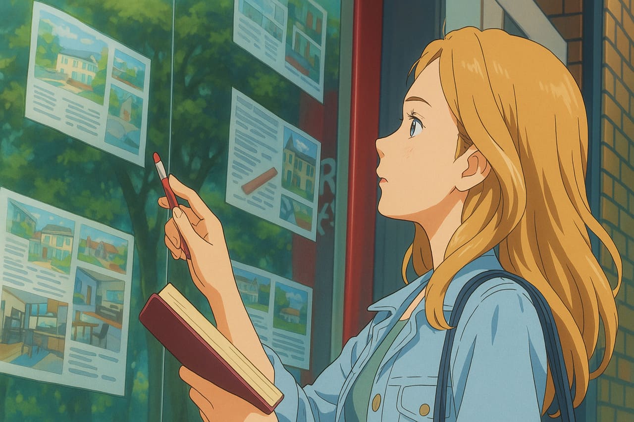 Femme anime observant des annonces