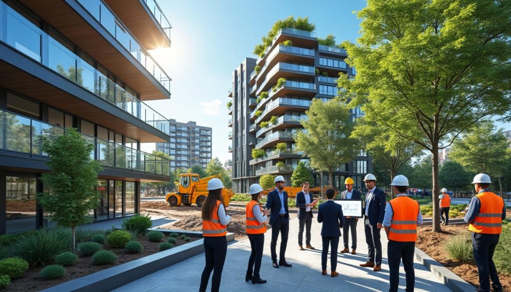 Groupe en discussion sur un site de construction
