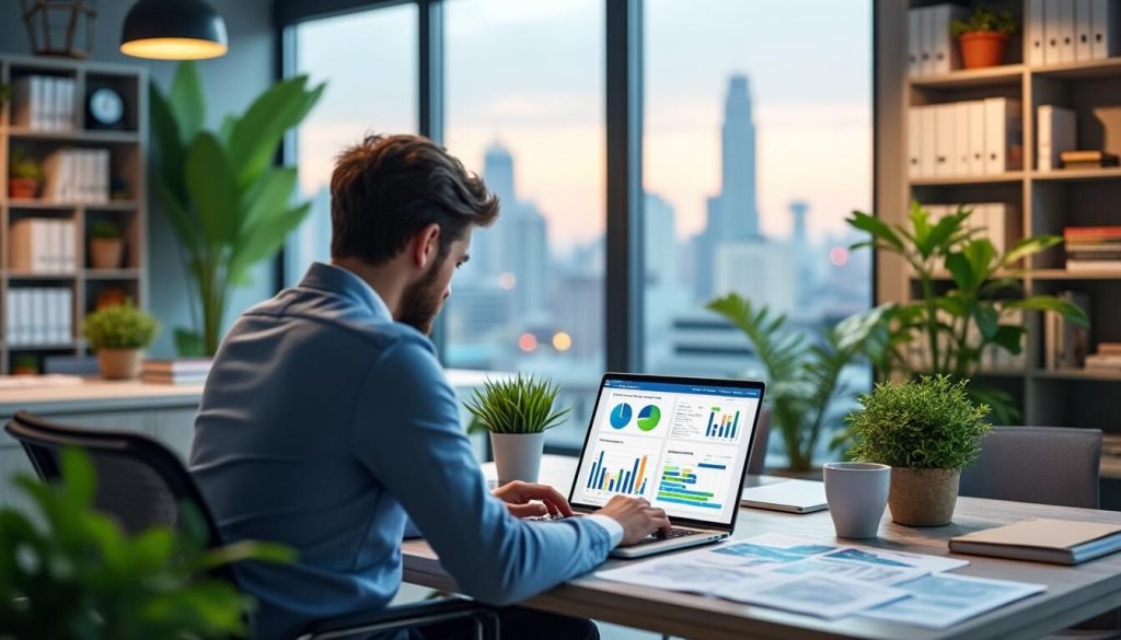 Homme utilisant un laptop avec vue sur la ville