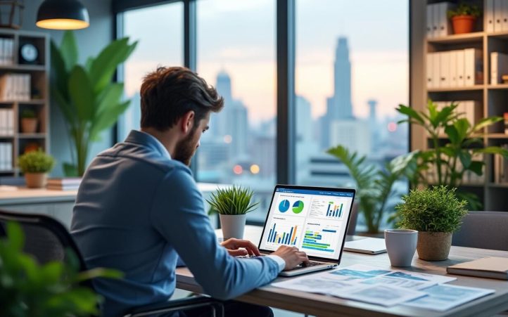 Homme utilisant un laptop avec vue sur la ville