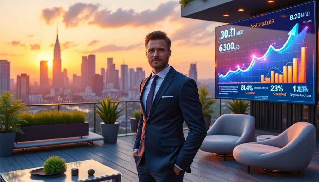 Homme en costume devant un graphique de croissance