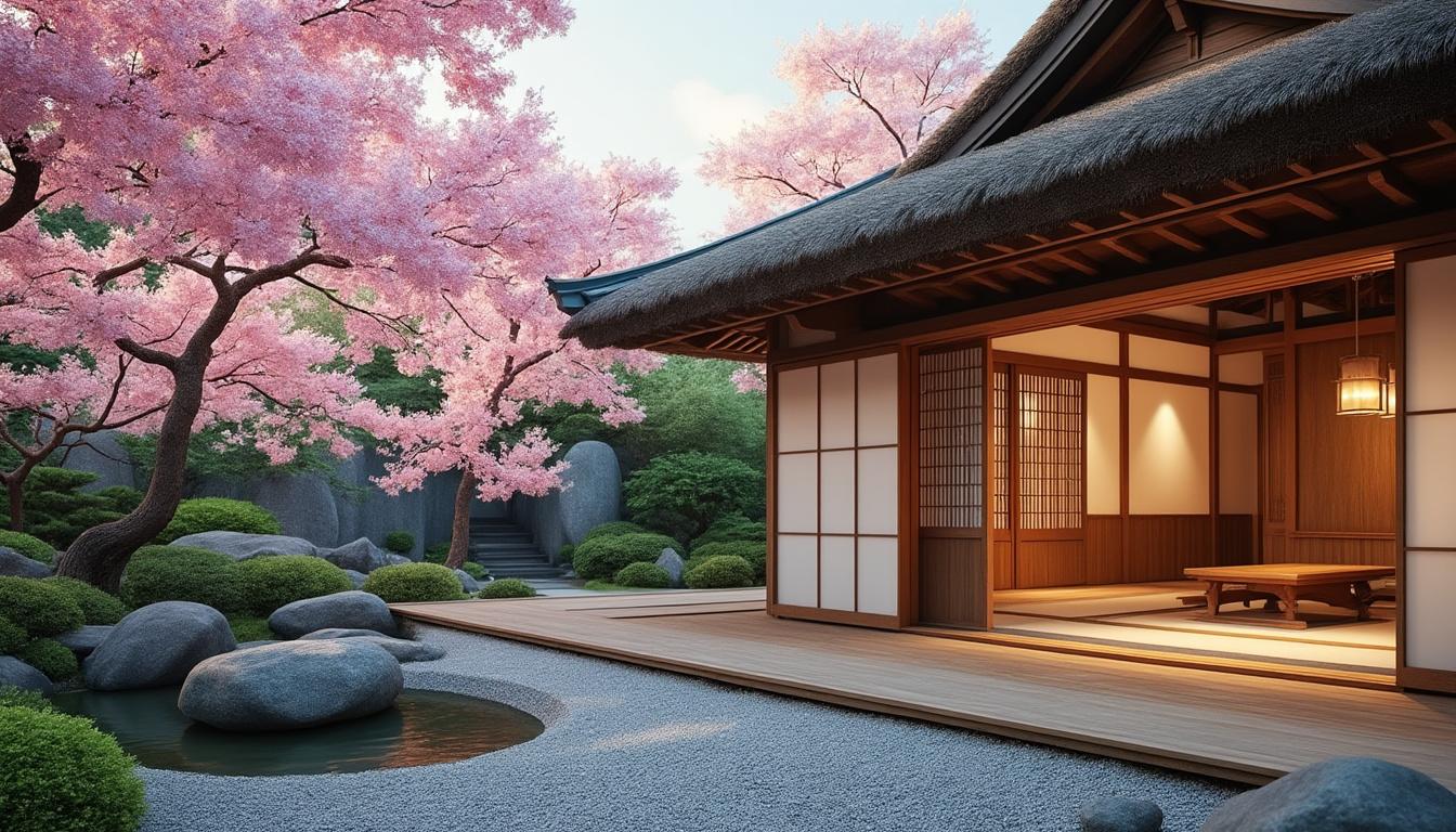 Maison traditionnelle japonaise avec cerisiers en fleurs