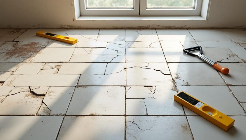 Sol carrelé avec fissures et outils