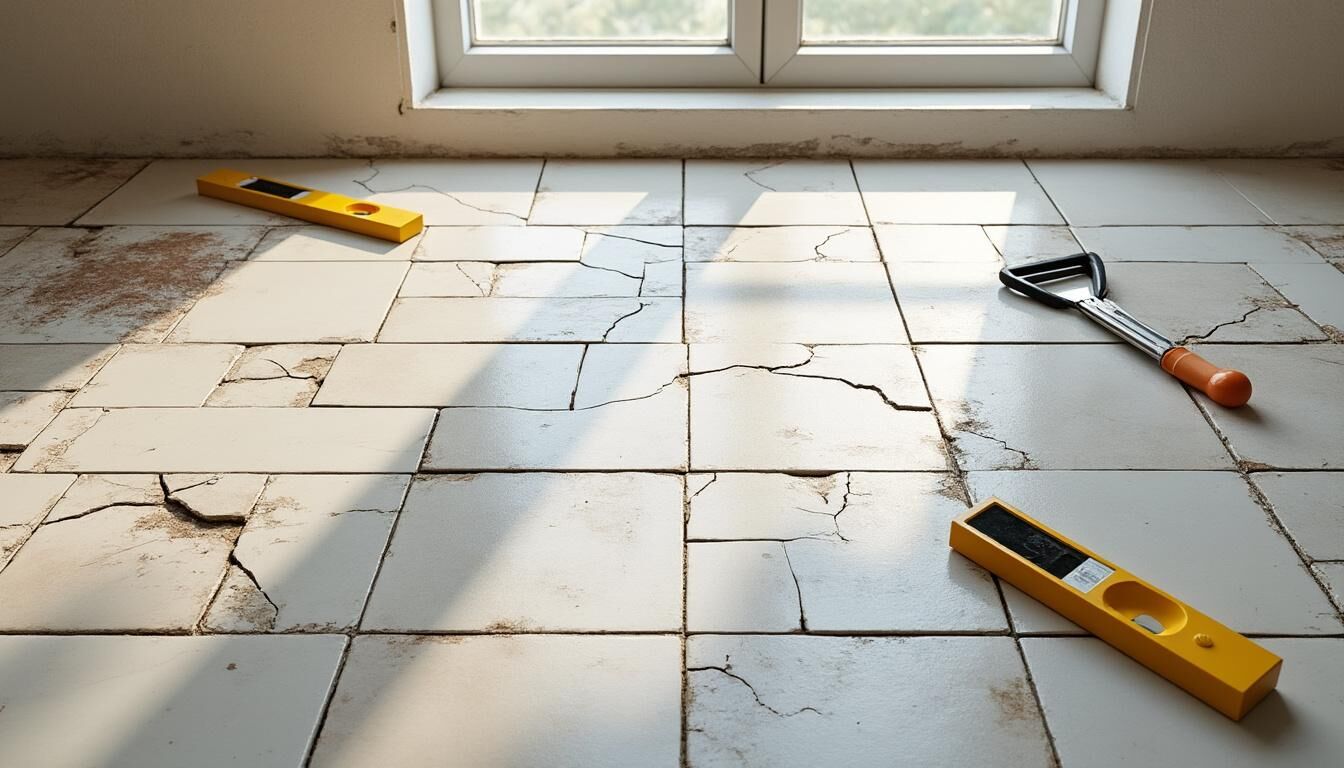 Sol carrelé avec fissures et outils