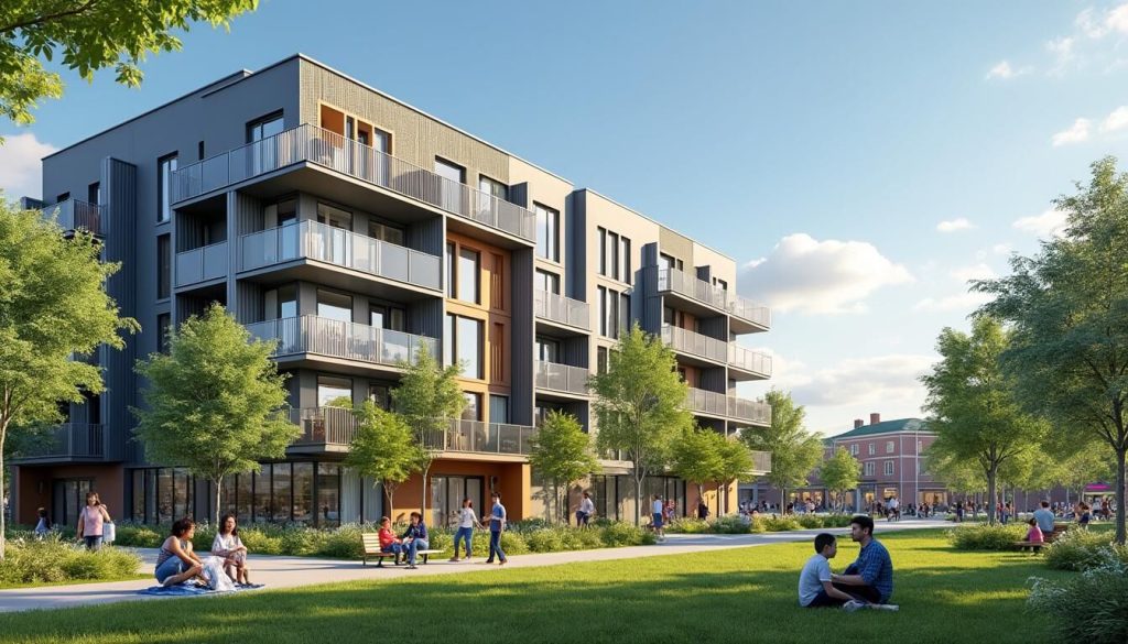 Immeuble moderne entouré d'arbres et d'espace vert